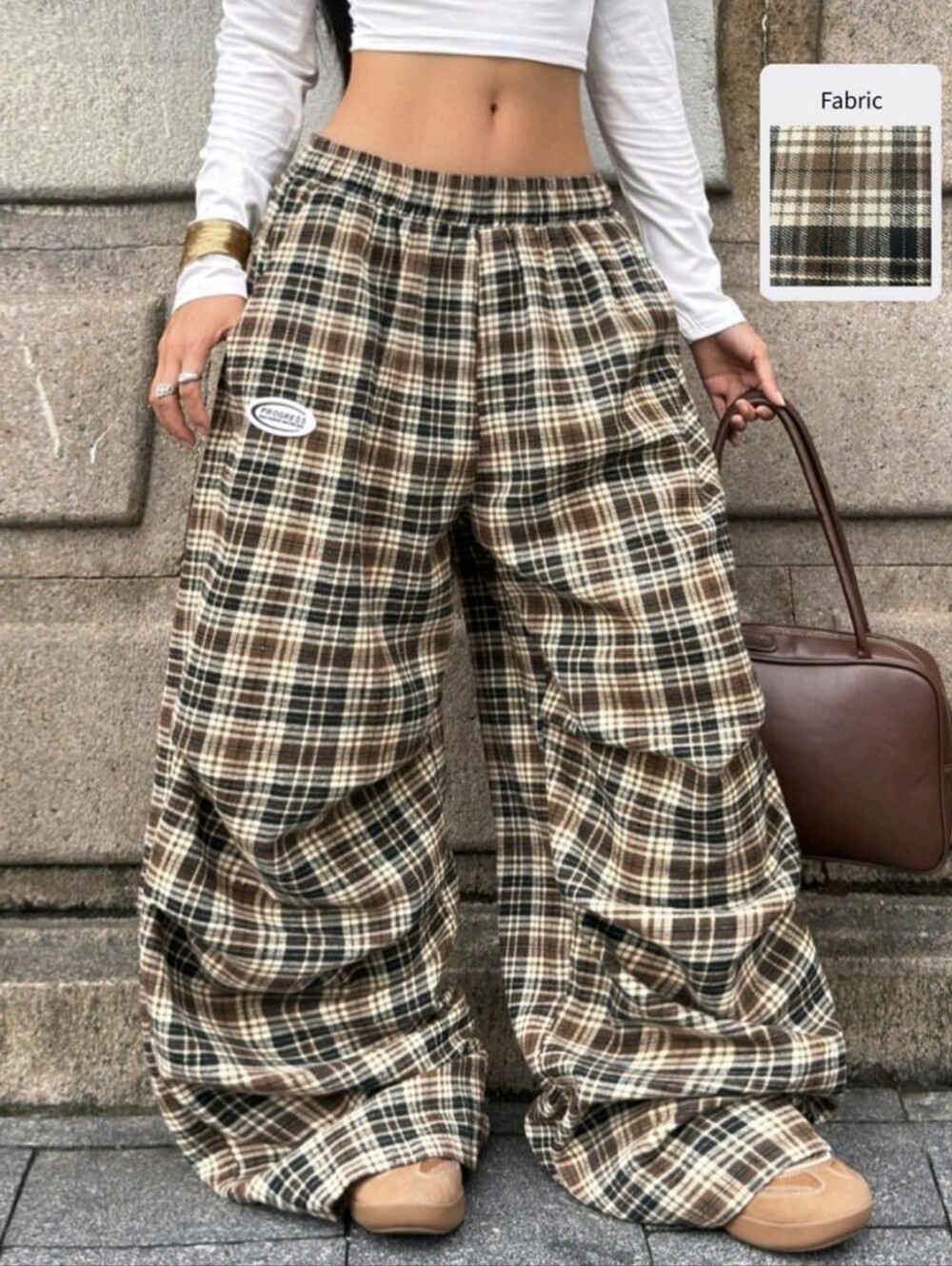 Going Out Streetwear Vacation Daily Wear Casual Basic Brown Plaid Wide Leg Sweat
